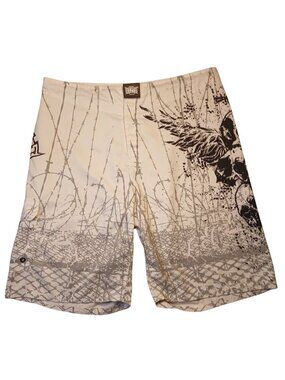 MMA Elite Board Shorts Mens Large White Barbed Wire Graphic Print Lightweight